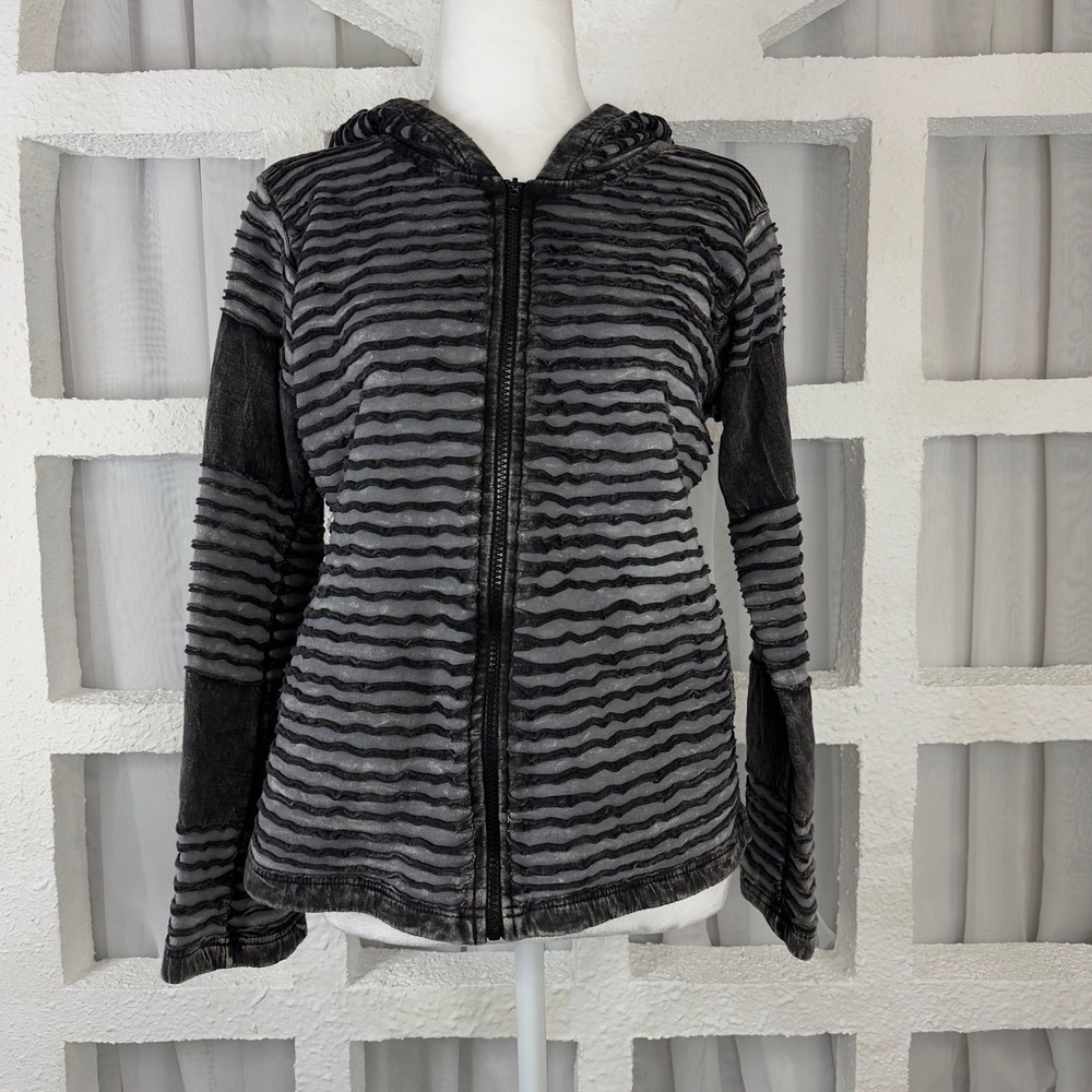 Fuzy Camel Womens M Black Grey Textured Striped Zip Up Hoodie Cotton Nepal Boho - Picture 2 of 12